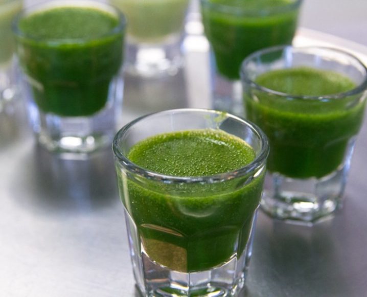 Five wheatgrass drink glasses with a crisp green color, two clear front shots and three blurred in the background