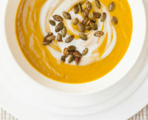 Pumpkin Curry Soup with Coconut Milk + Honey Cumin Pumpkin Seeds
