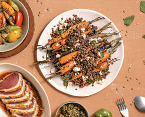 Warm Spiced Lentils Salad with Baby Carrots + Feta Crumble