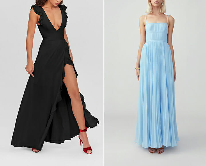 sustainable wedding guest looks black and blue dresses