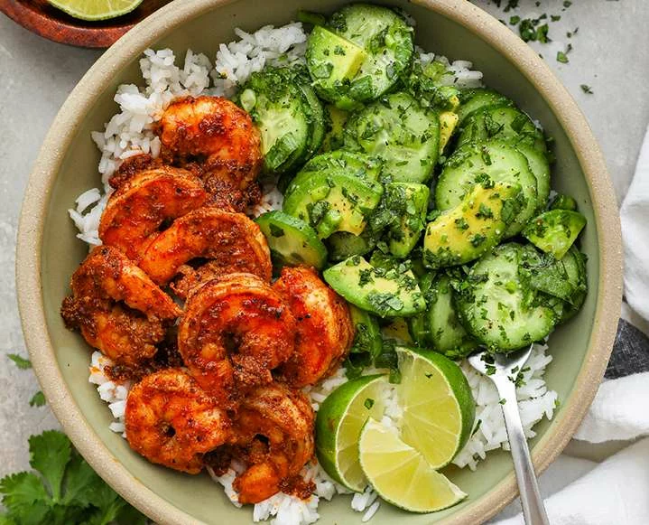 Zesty Delight: Chili-Lime Shrimp Bowls with Avocado-Cucumber Salad in Under 30 Minutes