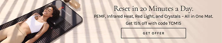 Woman relaxing on the BON CHARGE Infrared PEMF Mat Demi at home, experiencing red light and infrared heat therapy