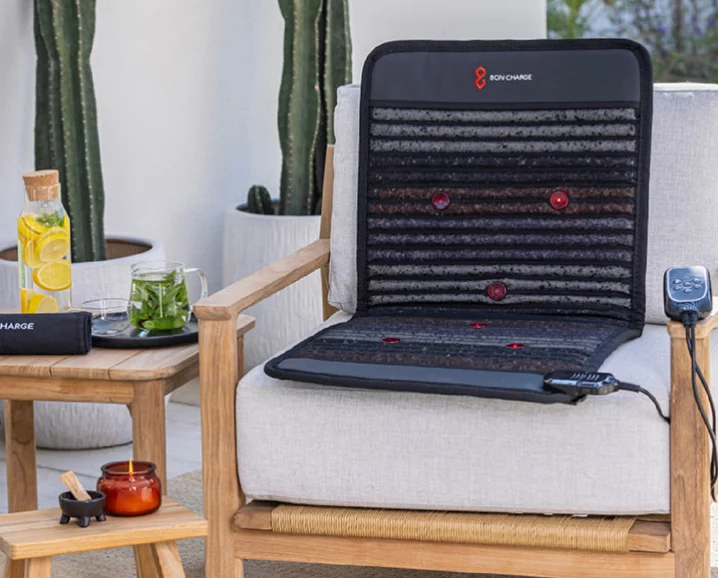 PEMF mat controls and layered design with red light, near-infrared light, and semi-precious gemstones