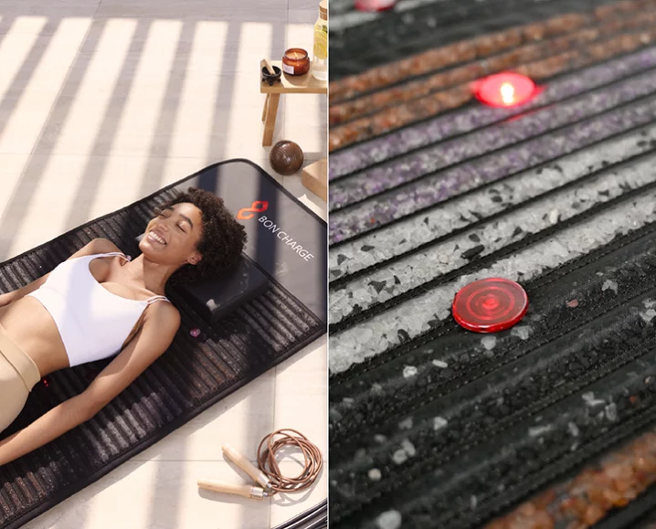 Close-up of PEMF mat controls and layered design with red light, near-infrared light, and semi-precious gemstones