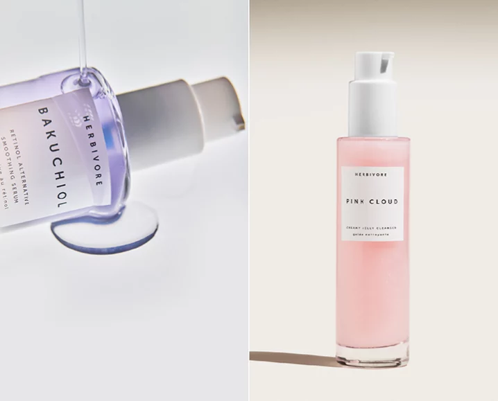 Herbivore Bakuchiol Serum with visible texture and Pink Cloud Creamy Jelly Cleanser in sleek pink packaging.