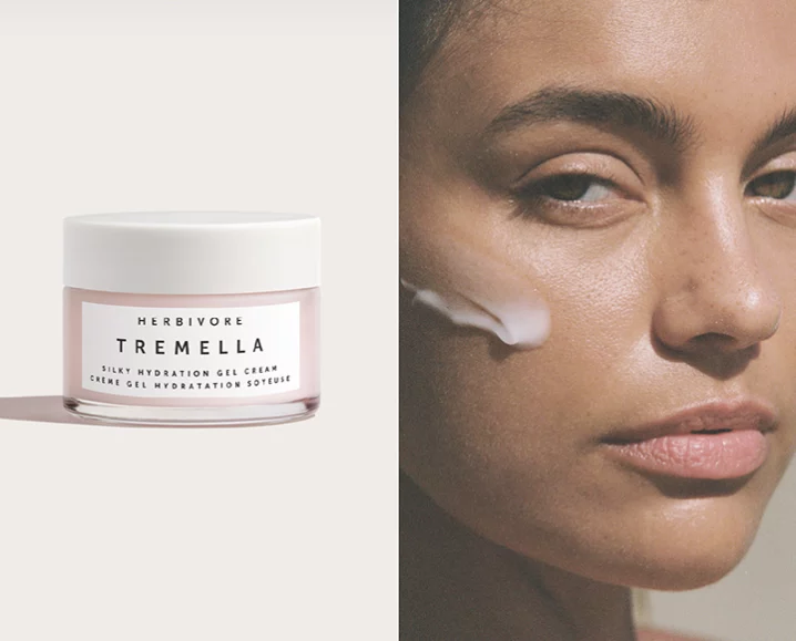 Herbivore Tremella Silky Hydration Gel Cream next to a close-up of a model applying the product to her cheek.