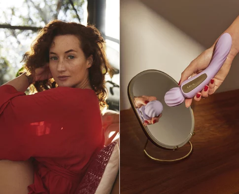 A serene editorial-style composition featuring Alexandra Roxo in a red robe reclining in soft natural light on the left, paired with a close-up of a hand holding the LELO Switch above a vanity mirror on the right, reflecting the design in warm tones.