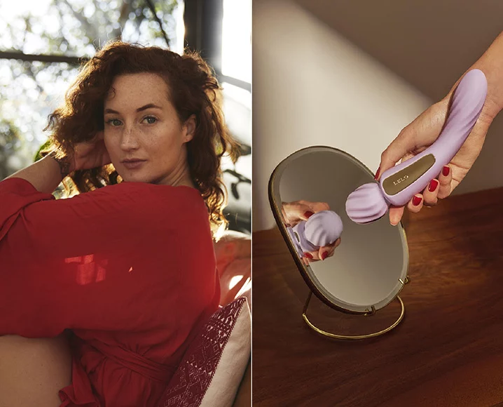A serene editorial-style composition featuring Alexandra Roxo in a red robe reclining in soft natural light on the left, paired with a close-up of a hand holding the LELO Switch above a vanity mirror on the right, reflecting the design in warm tones.