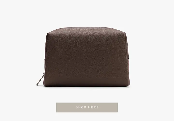 Cuyana men's leather toiletry case in Toffee color