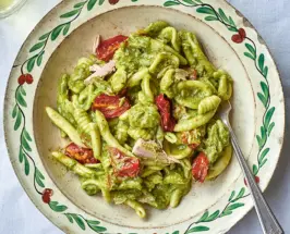 Pasticcio Carlofortino, a Sardinian pasta dish with basil pesto, roasted tomatoes and tuna