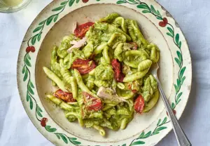 Pasticcio Carlofortino, a Sardinian pasta dish with basil pesto, roasted tomatoes and tuna