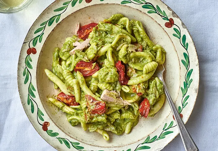 Pasticcio Carlofortino, a Sardinian pasta dish with basil pesto, roasted tomatoes and tuna