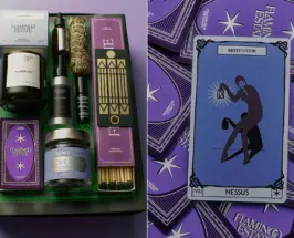 Flamingo Estate Practical Magic 2 box with Mandrake candle, ritual products, matches and purple oracle cards