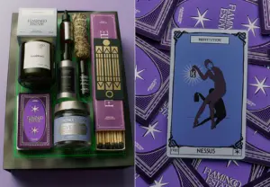 Flamingo Estate Practical Magic 2 box with Mandrake candle, ritual products, matches and purple oracle cards