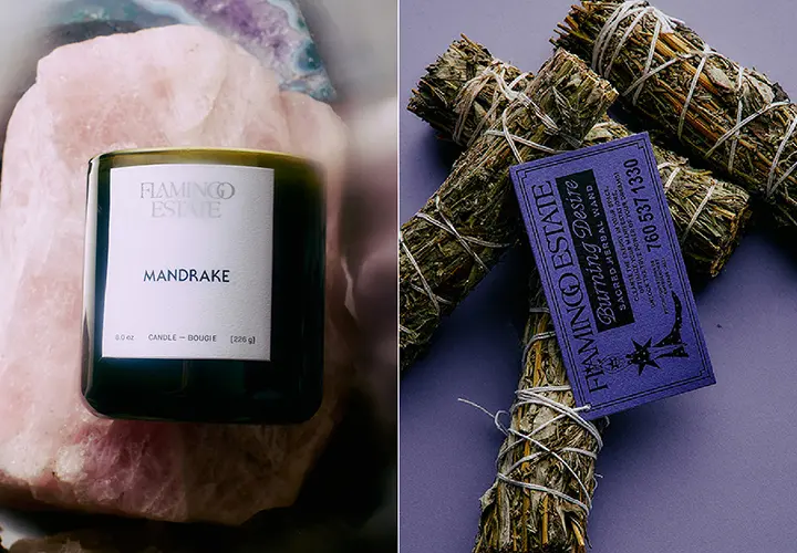 Flamingo Estate Mandrake candle beside bundled Burning Desire ritual incense