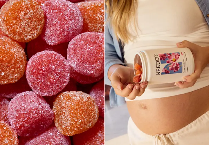 Pregnant woman holding Needed prenatal gummies beside colorful gummies