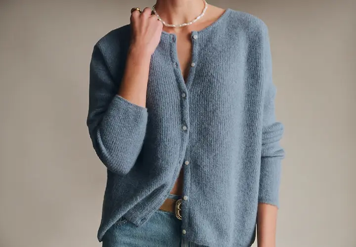 Blue Sézane cardigan styled with simple polished outfit