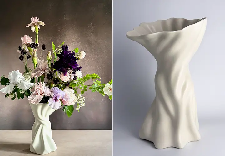 Sullivan Owen draped porcelain vase with a romantic flower arrangement