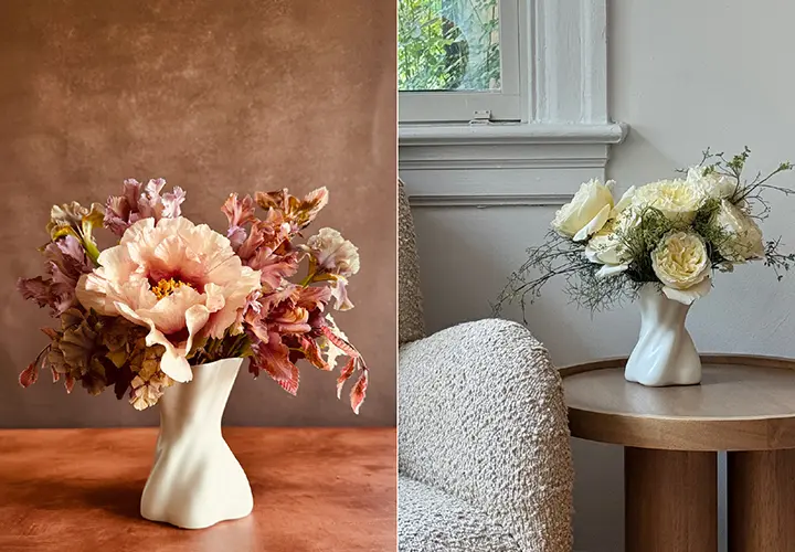 Sullivan Owen porcelain vases styled with romantic flower arrangements