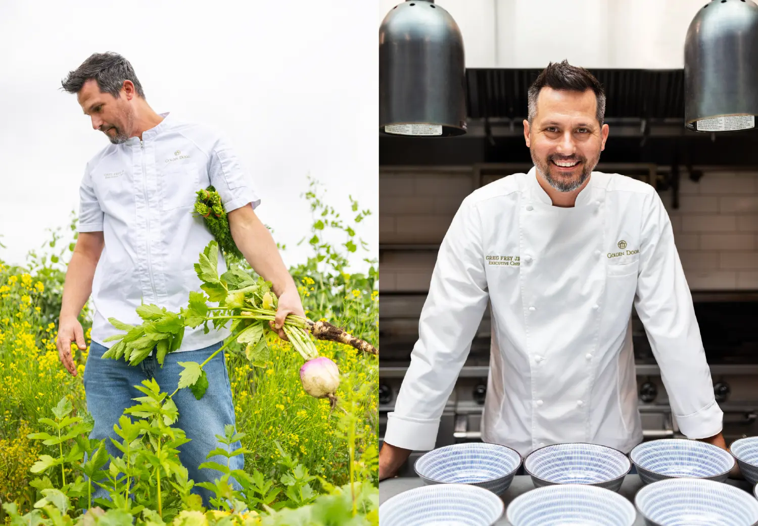 Golden Door Executive Chef Greg Frey Jr. harvesting fresh vegetables in the garden and posing in the kitchen.