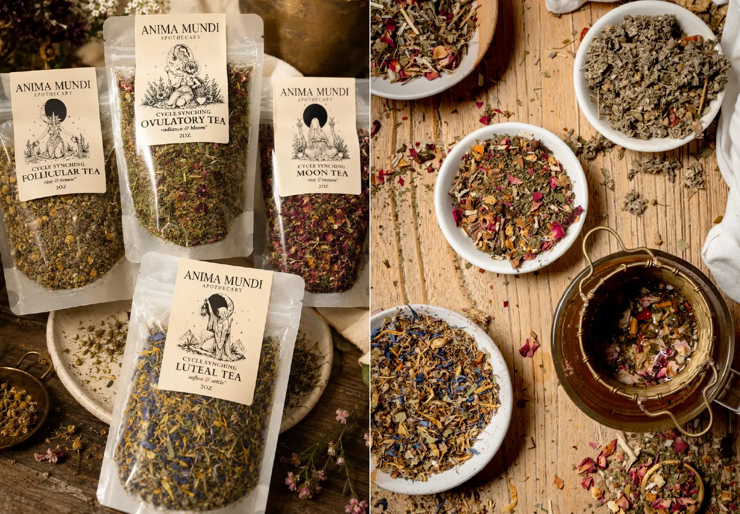Anima Mundi cycle syncing herbal teas for the menstrual, follicular, ovulatory and luteal phases