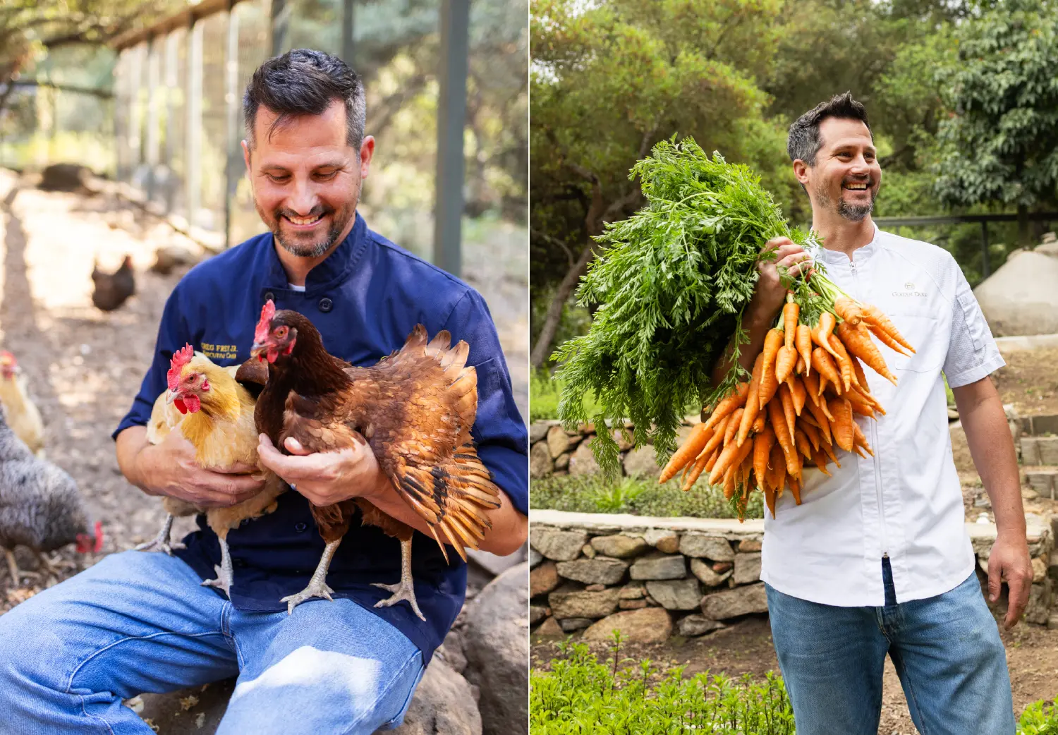 Golden Door Executive Chef Greg Frey Jr. holding chickens and a freshly harvested bunch of carrots.