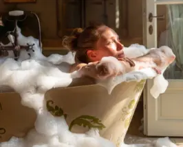 Woman relaxing in a foam-filled vintage bathtub in warm sunlight.