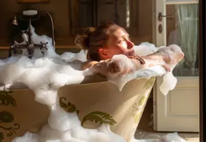 Woman relaxing in a foam-filled vintage bathtub in warm sunlight.
