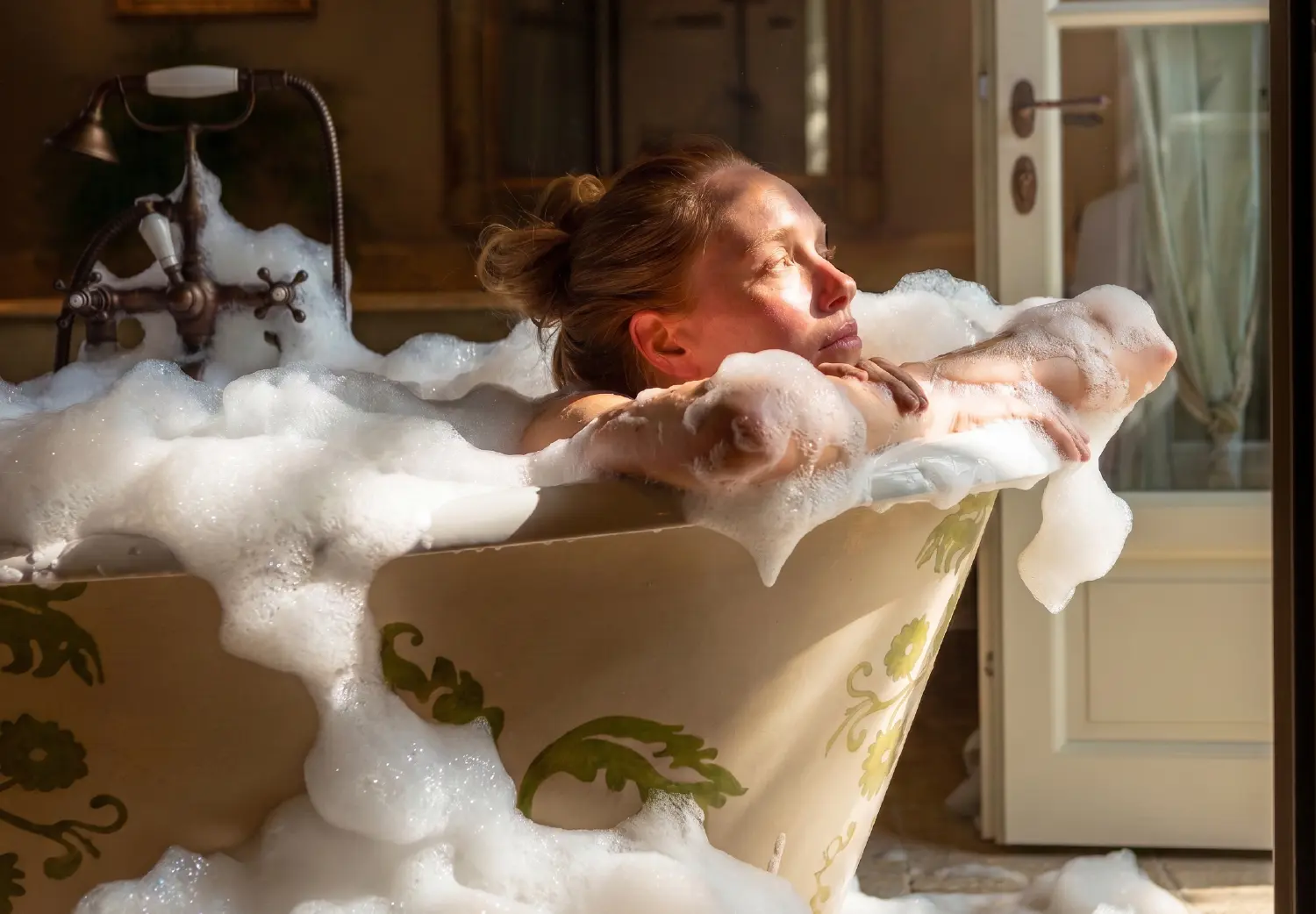 Woman relaxing in a foam-filled vintage bathtub in warm sunlight.