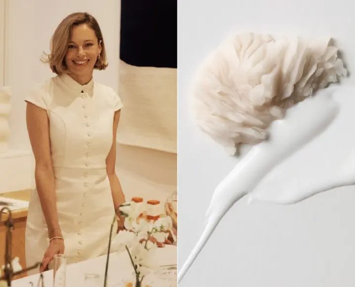 French pharmacist Natacha Bonjout alongside a swatch of rich skincare cream