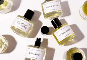 Octavia Morgan Los Angeles perfume collection featuring Midnight Orchard, Dark Rose, Legendary, and L’Affaire eau de parfum.
