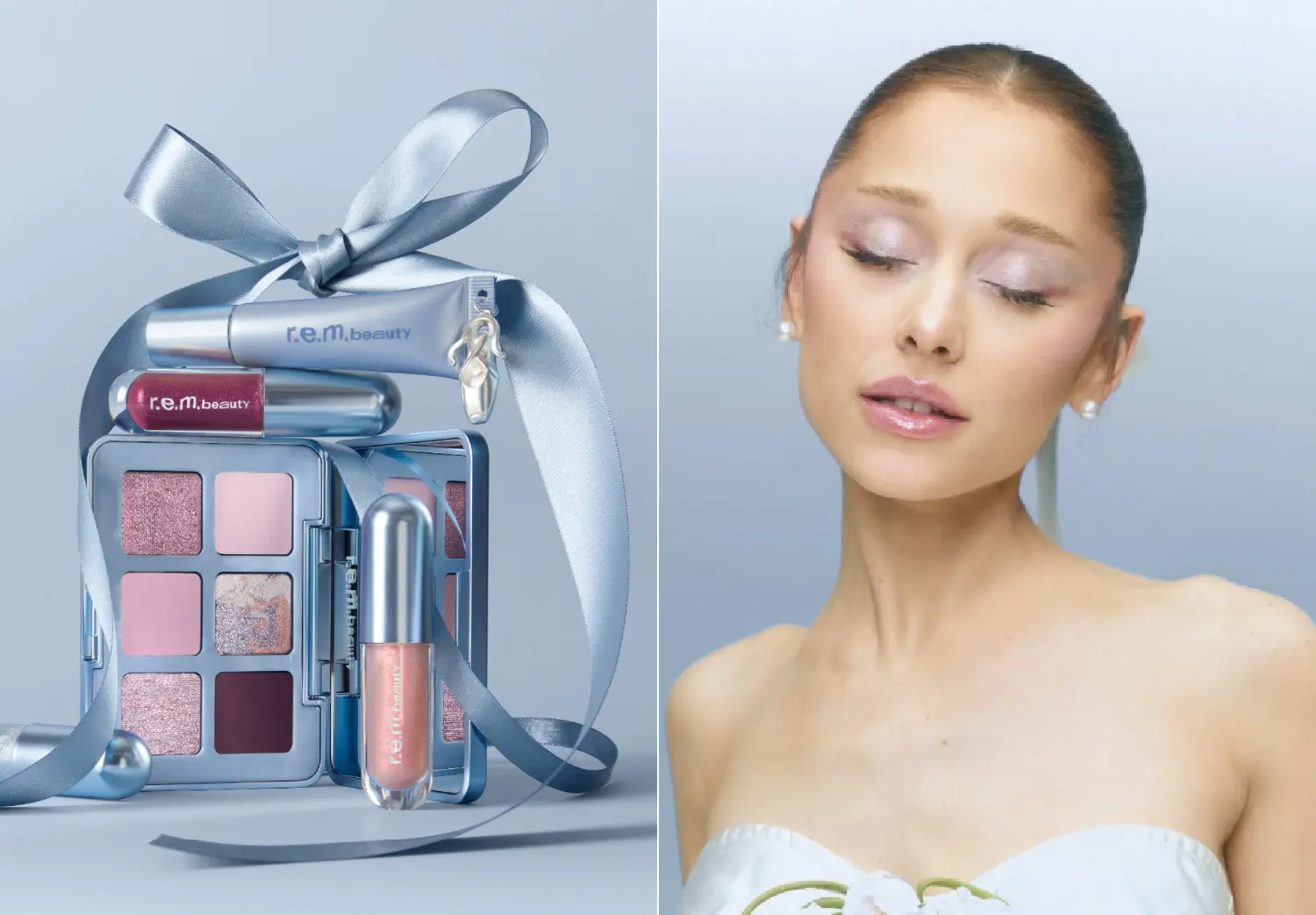 r.e.m. beauty En Pointe collection featuring pink makeup products alongside a model wearing shimmering pink eyeshadow and glossy lips.